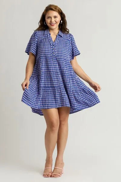 Umgee Full Size Gingham Tiered Button Detail Short Sleeve Dress Plus Size - Reed + Raven
