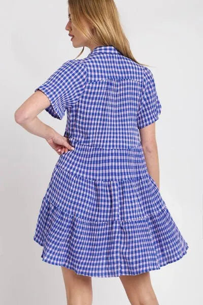 Umgee Full Size Gingham Tiered Button Detail Short Sleeve Dress Plus Size - Reed + Raven