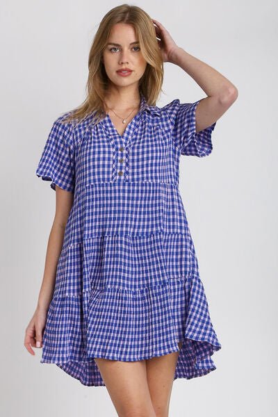 Umgee Full Size Gingham Tiered Button Detail Short Sleeve Dress Plus Size - Reed + Raven