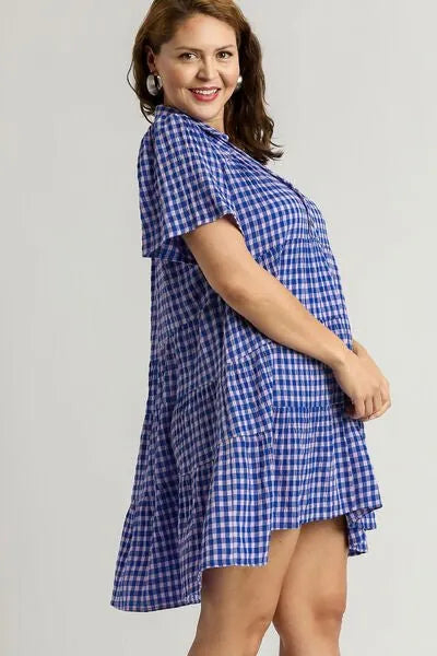 Umgee Full Size Gingham Tiered Button Detail Short Sleeve Dress Plus Size - Reed + Raven