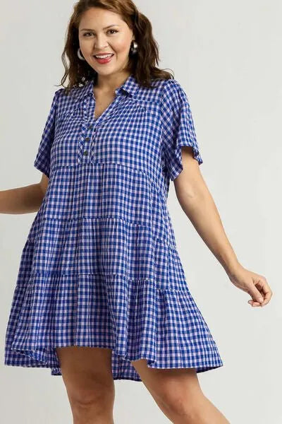 Umgee Full Size Gingham Tiered Button Detail Short Sleeve Dress Plus Size - Reed + Raven