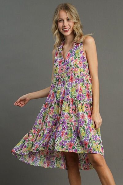 Umgee Full Size High - Low Hem Floral Sleeveless Tiered Dress Plus Size - Reed + Raven