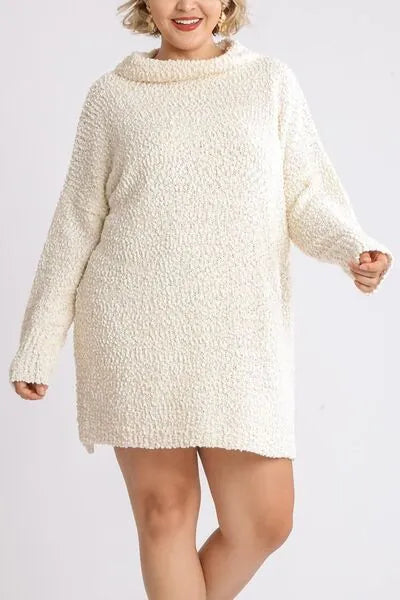 Umgee Full Size High Low Long Sleeve Boucle Sweater Dress Plus Size - Reed + Raven