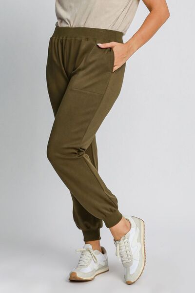 Umgee Full Size High Rise Elastic Waist Knit Joggers with Pockets Plus Size - Reed + Raven