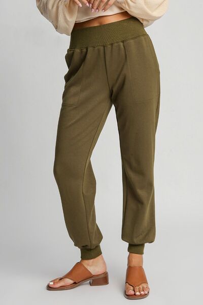 Umgee Full Size High Rise Elastic Waist Knit Joggers with Pockets Plus Size - Reed + Raven