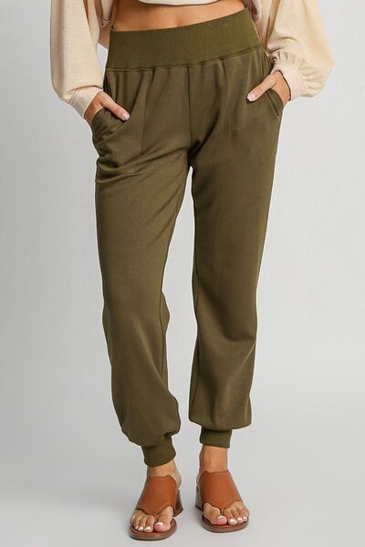 Umgee Full Size High Rise Elastic Waist Knit Joggers with Pockets Plus Size - Reed + Raven