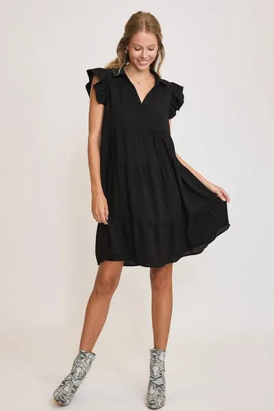 Umgee Full Size Johnny Collar Ruffle Cap Sleeve Tiered Dress Plus Size - Reed + Raven