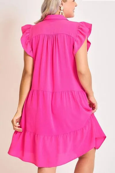 Umgee Full Size Johnny Collar Ruffle Cap Sleeve Tiered Dress Plus Size - Reed + Raven