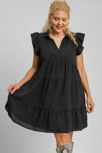 Umgee Full Size Johnny Collar Ruffle Cap Sleeve Tiered Dress Plus Size - Reed + Raven