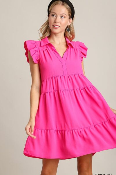 Umgee Full Size Johnny Collar Ruffle Cap Sleeve Tiered Dress Plus Size - Reed + Raven