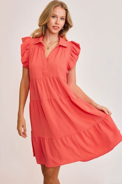 Umgee Full Size Johnny Collar Ruffle Cap Sleeve Tiered Dress Plus Size - Reed + Raven