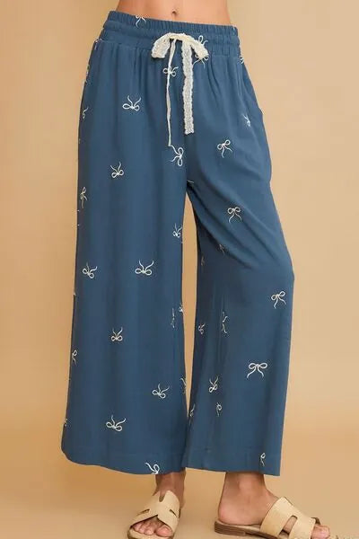Umgee Full Size Lace Drawstring Embroidered Bow Wide Leg Pants Plus Size - Reed + Raven