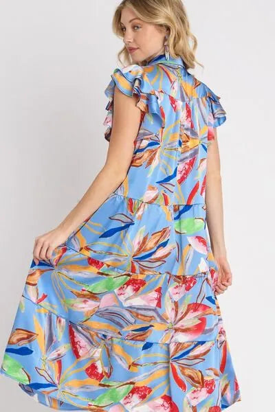 Umgee Full Size Leaf Print Double Layered Ruffle Sleeve Tiered Midi Dress Plus Size - Reed + Raven