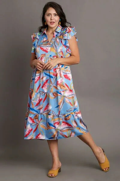 Umgee Full Size Leaf Print Double Layered Ruffle Sleeve Tiered Midi Dress Plus Size - Reed + Raven