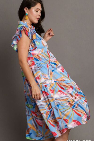 Umgee Full Size Leaf Print Double Layered Ruffle Sleeve Tiered Midi Dress Plus Size - Reed + Raven
