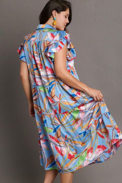 Umgee Full Size Leaf Print Double Layered Ruffle Sleeve Tiered Midi Dress Plus Size - Reed + Raven