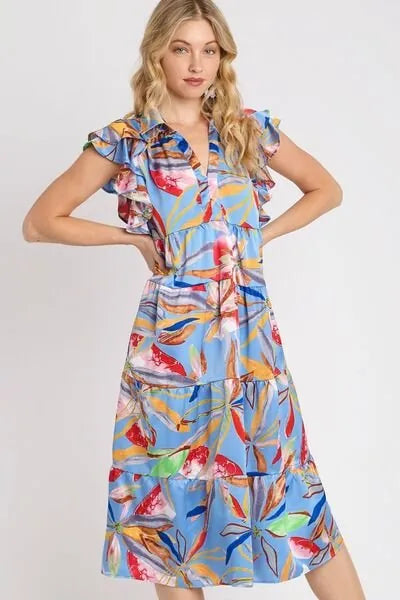 Umgee Full Size Leaf Print Double Layered Ruffle Sleeve Tiered Midi Dress Plus Size - Reed + Raven