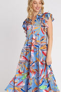 Umgee Full Size Leaf Print Double Layered Ruffle Sleeve Tiered Midi Dress Plus Size - Reed + Raven