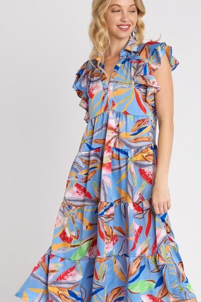Umgee Full Size Leaf Print Double Layered Ruffle Sleeve Tiered Midi Dress Plus Size - Reed + Raven