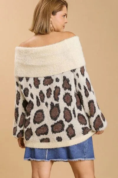 Umgee Full Size Leopard Off - Shoulder Long Sleeve Sweater Plus Size - Reed + Raven