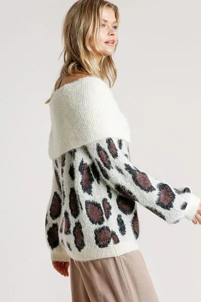 Umgee Full Size Leopard Off - Shoulder Long Sleeve Sweater Plus Size - Reed + Raven