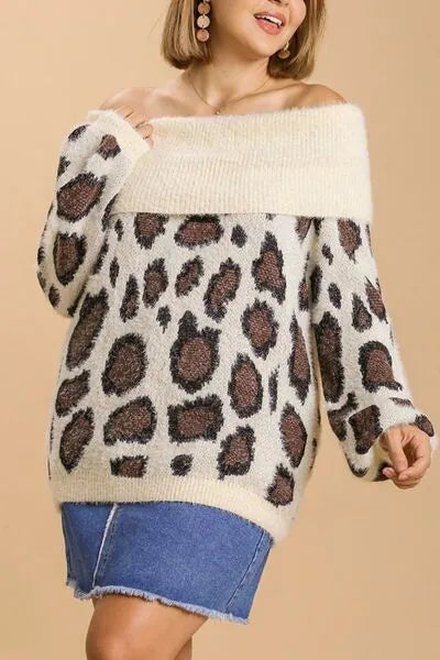 Umgee Full Size Leopard Off - Shoulder Long Sleeve Sweater Plus Size - Reed + Raven