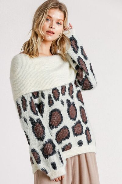 Umgee Full Size Leopard Off - Shoulder Long Sleeve Sweater Plus Size - Reed + Raven