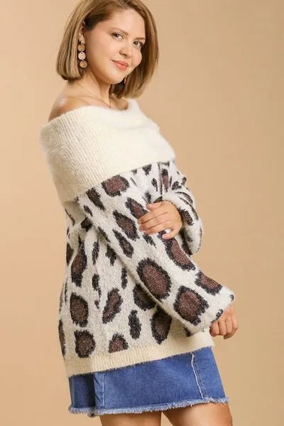 Umgee Full Size Leopard Off - Shoulder Long Sleeve Sweater Plus Size - Reed + Raven