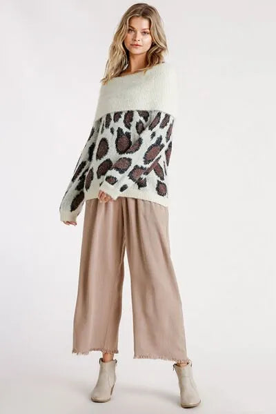 Umgee Full Size Leopard Off - Shoulder Long Sleeve Sweater Plus Size - Reed + Raven