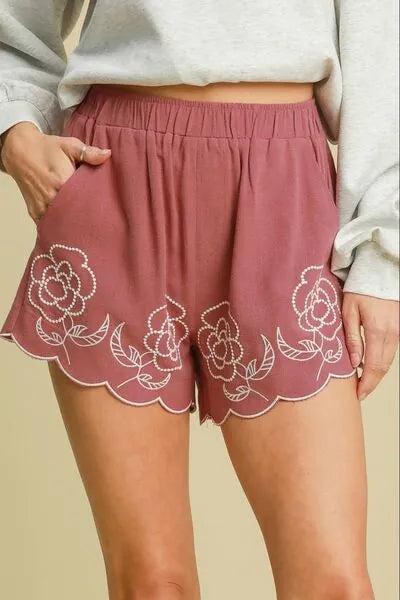 Umgee Full Size Linen Blend Shorts with Floral Embroidered Details Plus Size - Reed + Raven