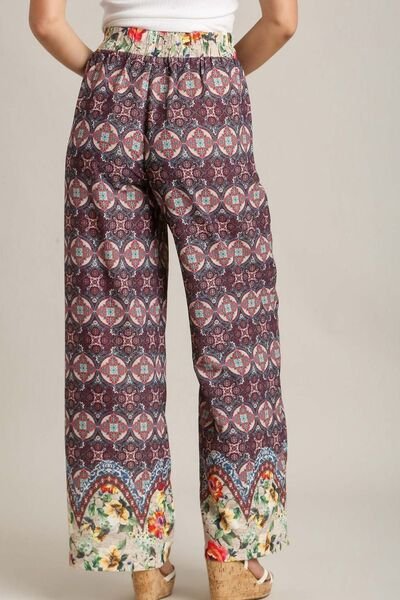 Umgee Full Size Mixed Print Elastic Waistband Pants Plus Size - Reed + Raven