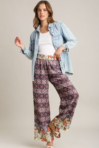 Umgee Full Size Mixed Print Elastic Waistband Pants Plus Size - Reed + Raven