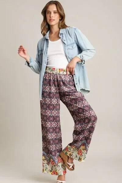 Umgee Full Size Mixed Print Elastic Waistband Pants Plus Size - Reed + Raven