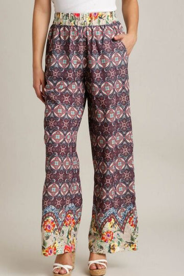 Umgee Full Size Mixed Print Elastic Waistband Pants Plus Size - Reed + Raven