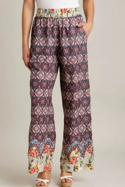 Umgee Full Size Mixed Print Elastic Waistband Pants Plus Size - Reed + Raven