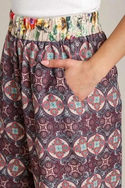 Umgee Full Size Mixed Print Elastic Waistband Pants Plus Size - Reed + Raven