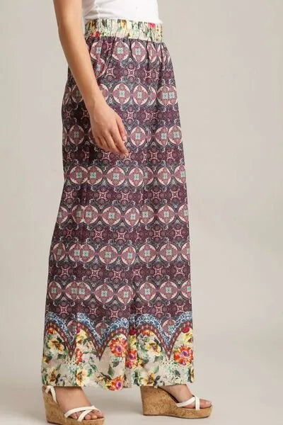 Umgee Full Size Mixed Print Elastic Waistband Pants Plus Size - Reed + Raven