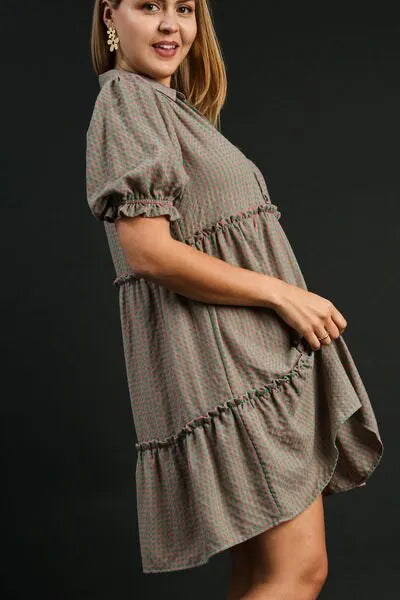 Umgee Full Size Plaid Frill Button Detail Ruffled Short Sleeve Dress Plus Size - Reed + Raven