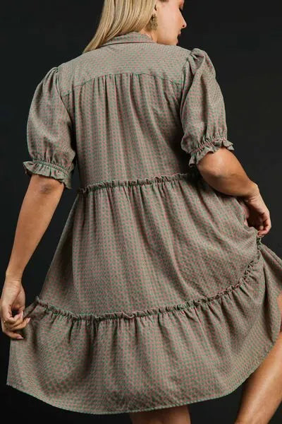 Umgee Full Size Plaid Frill Button Detail Ruffled Short Sleeve Dress Plus Size - Reed + Raven