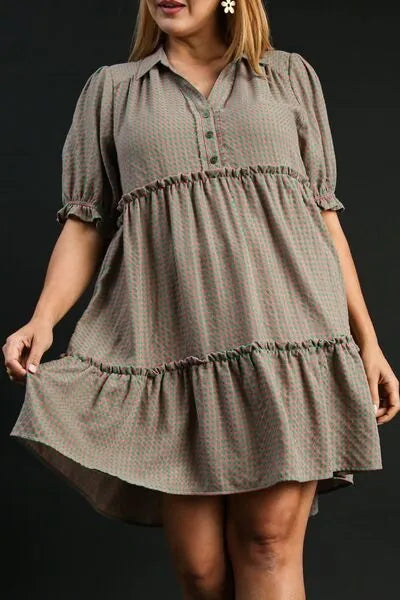 Umgee Full Size Plaid Frill Button Detail Ruffled Short Sleeve Dress Plus Size - Reed + Raven