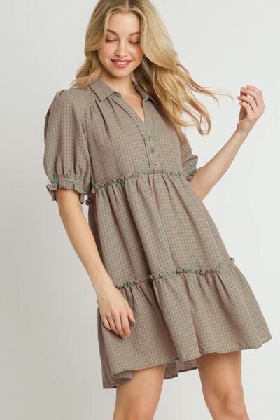 Umgee Full Size Plaid Frill Button Detail Ruffled Short Sleeve Dress Plus Size - Reed + Raven