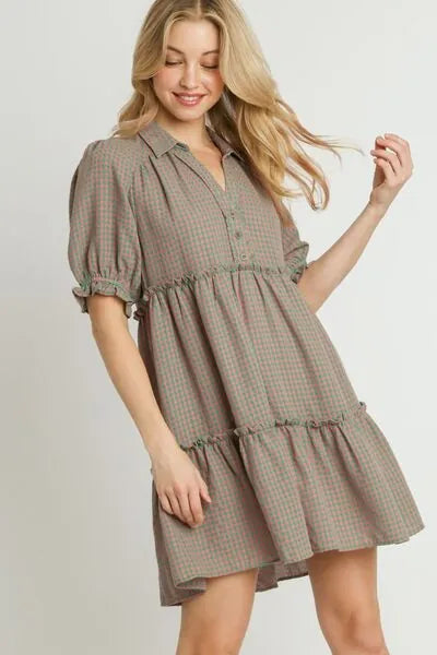 Umgee Full Size Plaid Frill Button Detail Ruffled Short Sleeve Dress Plus Size - Reed + Raven