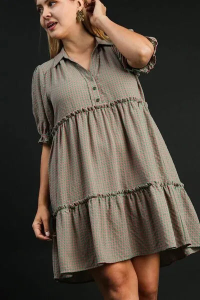 Umgee Full Size Plaid Frill Button Detail Ruffled Short Sleeve Dress Plus Size - Reed + Raven