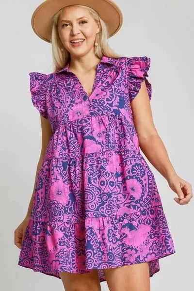 Umgee Full Size Printed Ruffle Cap Sleeve Babydoll Dress Plus Size - Reed + Raven