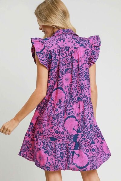 Umgee Full Size Printed Ruffle Cap Sleeve Babydoll Dress Plus Size - Reed + Raven