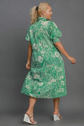 Umgee Full Size Printed Smocked Cuff Puff Sleeve Midi Dress Plus Size - Reed + Raven