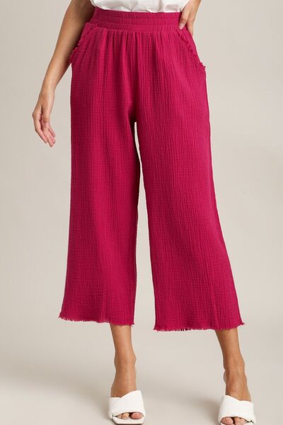 Umgee Full Size Raw Hem Elastic Waist Wide Leg Pants Plus Size - Reed + Raven