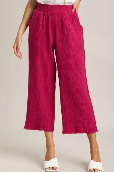 Umgee Full Size Raw Hem Elastic Waist Wide Leg Pants Plus Size - Reed + Raven