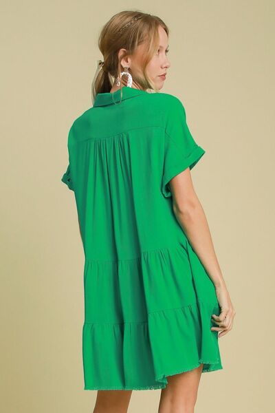 Umgee Full Size Raw Hem Folded Sleeve Tiered Dress Plus Size - Reed + Raven
