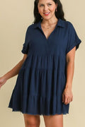 Umgee Full Size Raw Hem Folded Sleeve Tiered Dress Plus Size - Reed + Raven
